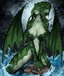  1girl animal_head black_nails breasts claws closed_mouth cloud cloudy_sky colored_skin cthulhu cthulhu_mythos dragon_wings fingernails genderswap genderswap_(mtf) green_lips green_skin grey_sky highres humanization large_breasts monster_girl navel ocean sharp_fingernails signature sky solo standing sumosamo torn_wings waves webbed_hands wings 