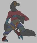  anthro archeopteryx beak black_body bottomwear claws clothing dinosaur erection feathered_dinosaur feathers forepawz genitals human_to_anthro humanoid_genitalia humanoid_penis male penis pupils reptile scalie see-saw shirt shorts slit_pupils solo species_transformation topwear torn_clothing transformation winged_arms wings 
