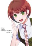  1girl :d bangs collared_shirt commentary_request danganronpa_(series) danganronpa_2:_goodbye_despair eyebrows_visible_through_hair green_eyes hand_up koizumi_mahiru looking_at_viewer necktie open_mouth red_hair shiny shiny_hair shirt short_hair short_sleeves simple_background sketti smile solo upper_body white_background white_shirt wing_collar 