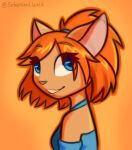  anthro blue_clothing blue_eyes clothed clothing domestic_cat eyeball6300_(chiv) felid feline felis female female/female fur ginger_(elysian_tail) hair headshot_portrait hi_res mammal orange_hair portrait smile solo tan_body tan_fur warm_colors 