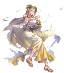  1girl anbe_yoshirou bangs blonde_hair breasts cape circlet clenched_teeth dress fingernails fire_emblem fire_emblem_heroes flower flower_pot full_body gold_trim gradient gradient_clothes gradient_hair hair_ornament henriette_(fire_emblem) highres holding jewelry long_dress looking_back medium_breasts multicolored_hair official_art one_eye_closed parted_lips petals pink_hair sandals shiny shiny_hair teeth toes torn_clothes torn_dress transparent_background wide_sleeves 