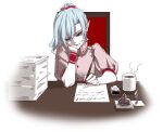  1girl arm_support blue_hair closed_mouth coffee_mug cup dress earrings fingernails hair_bun head_rest holding holding_pen ink_bottle ink_pen jewelry mug nail_polish older paper paper_stack pen pink_dress pointy_ears red_nails remilia_scarlet shukusuri sitting solo stud_earrings table touhou white-skin wristband writing 