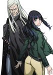  1boy 1girl ayamura_kirihito belt black_coat black_hair blue_eyes blush brown_eyes closed_mouth coat devil_summoner eyebrows_visible_through_hair frills green_jacket grey_hair highres jacket katana kuzunoha_geirin long_hair looking_at_viewer looking_back nagi_(devil_summoner) old old_man open_clothes open_coat open_jacket simple_background smile sword weapon white_background 