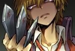  1boy angry bangs blonde_hair collarbone commentary_request danganronpa_(series) danganronpa_3_(anime) hands_up holding izayoi_sounosuke jacket knife looking_at_viewer male_focus shirt short_hair solo upper_teeth weapon white_shirt yellow_eyes youko-shima 