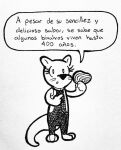  clothed clothing dialogue diving_suit el_se&ntilde;or_erizo eyelashes female food holding_food holding_object ivette looking_at_viewer lutrine mammal monochrome mustelid open_mouth shell simple_background solo_focus spanish_text standing text translation_request white_background 