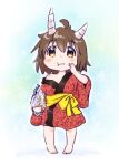  1girl :t ahoge bag barefoot beans brown_eyes brown_hair chibi commentary eating full_body horns japanese_clothes kimono obi oni oni_horns original plastic_bag rokuroubuna sash shirt_slip short_hair simple_background solo 