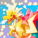  &gt;_&lt; closed_eyes commentary_request dracozolt gen_8_pokemon hidora highres no_humans open_mouth pokemon pokemon_(creature) shiny smile solo star_(symbol) tongue 