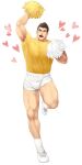  1boy :d arm_up bara brown_hair bulge cheering cheerleader full_body heart highres looking_at_viewer male_focus muscular muscular_male open_mouth original pectorals shirt short_hair short_sleeves shorts smile solo spiked_hair thick_thighs thighs white_background white_shorts winemvee yellow_shirt 