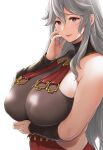  1girl bangs bare_shoulders blush breasts granblue_fantasy grey_hair highres huge_breasts kemigawa_mondo long_hair looking_at_viewer magisa_(granblue_fantasy) purple_eyes smile very_long_hair 