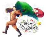  2boys abs animal_costume antlers bara bare_pecs boots brown_hair carrying_over_shoulder chibi christmas christmas_tree english_text from_side full_body hat knee_boots male_focus male_pubic_hair merry_christmas multiple_boys muscular muscular_male navel navel_hair nipples original pectorals pubic_hair reindeer_antlers reindeer_costume santa_costume santa_hat short_hair sidepec smile sparkle stomach thick_thighs thighs winemvee 