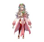  1girl absurdres artist_request bangs choker closed_mouth commentary_request dress expressionless fire_emblem fire_emblem_heroes flower flower_pot full_body gold_trim gradient gradient_clothes grey_hair hair_ornament head_tilt highres holding jewelry long_hair looking_at_viewer official_art pelvic_curtain red_hair red_legwear sandals shiny shiny_hair simple_background solo thighhighs tiara toes veronica_(fire_emblem) white_background wide_sleeves 