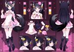  1girl :o amano_kohana animal_ear_fluff animal_ears bangs bare_shoulders bell black_hair blush character_sheet detached_collar detached_sleeves dress english_commentary eyebrows_visible_through_hair hair_bell hair_ornament highres luma_rum multiple_views official_art open_mouth palette pink_dress pointing pointing_up shirayuri_production smile tail thighhighs virtual_youtuber wolf_ears wolf_girl wolf_tail 