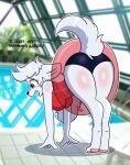  anthro better_version_at_source big_breasts blanca_(nicky_illust) breasts butt canid canine canis clothed clothing domestic_dog female fluffy fluffy_tail frustrated fur hair hi_res mammal nicky_illust nordic_sled_dog poolside presenting presenting_hindquarters samoyed solo spitz swimwear white_body white_fur 