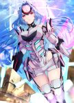  1girl absurdres blue_hair breasts highres joints kos-mos kos-mos_re: large_breasts leotard long_hair red_eyes risumi_(taka-fallcherryblossom) robot_joints sky solo xenoblade_chronicles_(series) xenoblade_chronicles_2 xenosaga 