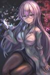  .live 1girl absurdres black_gloves breasts carro_pino cellphone commentary_request denchi_more_power glasses gloves hair_between_eyes highres labcoat large_breasts long_hair looking_at_viewer older petals phone purple_eyes purple_hair simple_background smile solo virtual_youtuber 