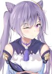  1girl absurdres bare_shoulders blush breasts chinese_clothes closed_mouth double_bun genshin_impact highres keqing kuyashi large_breasts long_hair looking_at_viewer one_eye_closed purple_eyes purple_hair simple_background solo twintails upper_body white_background 