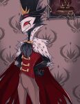  4_eyes anthro avian bird cape clothed clothing crown demon hands_behind_back hat headgear headwear helluva_boss hi_res male multi_eye owl red_eyes solo stolas_(vivzmind) wall_(structure) 