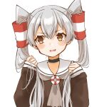  1girl alternate_hairstyle amatsukaze_(kantai_collection) brown_dress brown_eyes brown_neckwear cocoperino dress fang hair_tubes kantai_collection long_hair neckerchief sailor_collar sailor_dress sideways_glance silver_hair simple_background skin_fang sleeves_past_wrists solo upper_body white_background white_sailor_collar windsock 