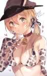  1girl animal_print bell bikini blonde_hair blush breasts cleavage cow_print cowbell dated elbow_gloves eyebrows_visible_through_hair gloves green_eyes hair_between_eyes hat heart kantai_collection large_breasts long_hair military_hat parted_lips peaked_cap prinz_eugen_(kantai_collection) saiki_yuzuri signature solo swimsuit twitter_username white_bikini white_gloves 
