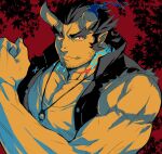  1boy bara bare_arms bare_shoulders broken_horn demon_boy demon_horns facial_hair fang fiery_horns glowing glowing_eyes highres horns jewelry male_focus muscular muscular_male necklace orange_eyes pectorals scar_on_neck short_hair sleeveless sleeveless_jacket smile solo stubble takemaru_(tokyo_houkago_summoners) tank_top text_focus thick_eyebrows tokyo_houkago_summoners upper_body white_tank_top zabaniyan 