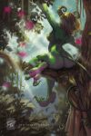  2:3 anthro branch breasts butt claws din_(artist) dipstick_tail feet female green_body hair hi_res horn long_hair multicolored_tail nipples nymph plant signature sitting solo stretching tree 