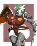  4:5 armor big_breasts breasts brown_leotard clothed clothing female gardevoir glistening glistening_body glistening_clothing glistening_eyes glistening_skin green_hair hair hi_res highleg highleg_leotard holding_object holding_shield holding_sword holding_weapon huge_breasts humanoid leotard melee_weapon nintendo not_furry open_mouth pok&eacute;mon pok&eacute;mon_(species) portrait quakebrothers red_background red_eyes shield signature simple_background solo standing sword thick_thighs three-quarter_portrait tight_clothing video_games weapon white_background white_body wide_hips 