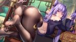 1girl ass bangs bare_shoulders black_shirt blush breasts brown_legwear closed_mouth double_bun feet genshin_impact hair_ornament hanging_breasts highres keqing large_breasts legs long_hair looking_at_viewer looking_back meion mirror nail_polish off_shoulder pantyhose purple_eyes purple_hair shirt smile soles swept_bangs toes twintails underboob 