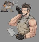  1boy apron bare_arms black_gloves blush brown_hair commentary_request creature_and_personification ear_piercing gen_5_pokemon gloves grey_background grey_shirt hand_up highres holding jar_pikapika korean_commentary korean_text legendary_pokemon male_focus mouth_hold muscular muscular_male orange_eyes personification piercing pokemon pokemon_(creature) shirt simple_background speech_bubble teeth terrakion undercut 