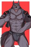  2021 anthro blind_eye bulge canid canid_demon clothing demon hand_in_underwear hellhound helluva_boss hi_res ligoni looking_at_viewer male mammal muscular muscular_anthro muscular_male neck_tuft notched_ear red_sclera simple_background solo topwear tuft underwear vest vortex_(vivzmind) white_eyes 