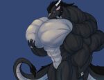  2019 5_fingers alternate_species anthro asian_mythology big_muscles black_hair blue_background brown_eyes collar dragon east_asian_mythology eastern_dragon fingers hair hand_on_chest horn huge_muscles hyper hyper_muscles hyper_pecs male muscular mythology simple_background smile solo sonicgamer zylo_(sonicgamer) 