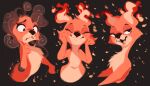  2021 anthro black_background canid canine chest_tuft embers eyes_closed fire fox frown fur hi_res mammal multiple_poses open_mouth open_smile orange_body orange_fur pose simple_background smile smoke solo tohupo tuft 