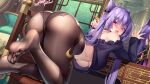  1girl ass bangs bare_shoulders black_shirt blush breasts brown_legwear double_bun feet genshin_impact hair_ornament hanging_breasts highres keqing large_breasts legs long_hair looking_at_viewer looking_back meion mirror nail_polish off_shoulder open_mouth pantyhose purple_eyes purple_hair shirt soles swept_bangs toes twintails underboob 