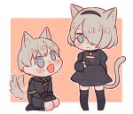  1boy 1girl animal_ears black_dress black_gloves blue_eyes blush cat_ears cat_girl cat_tail chibi dog_boy dog_ears dog_tail dress full_body gloves hair_over_one_eye hairband heart heart-shaped_pupils hn_(artist) nier_(series) nier_automata no_blindfold open_mouth seiza short_hair silver_hair sitting smile symbol-shaped_pupils tail thighhighs yorha_no._2_type_b yorha_no._9_type_s 