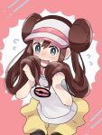  1girl bangs black_legwear blush bright_pupils brown_hair commentary_request double_bun flying_sweatdrops green_eyes hair_between_eyes hands_up highres holding holding_hair leaning_forward long_hair open_mouth pantyhose pokemon pokemon_(game) pokemon_bw2 raglan_sleeves raised_eyebrows riu00 rosa_(pokemon) shirt shorts solo tongue twintails two-tone_headwear visor_cap wavy_mouth white_pupils yellow_shorts 
