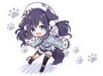  1girl :d aiba_uiha animal_ears beret black_footwear black_gloves black_hair black_legwear black_shorts blue_eyes blue_jacket blush boots bow braid chibi commentary_request full_body fur-trimmed_sleeves fur_trim gloves hair_bow hair_ornament hairclip hat jacket kadose_ara kemonomimi_mode long_hair long_sleeves mole mole_under_eye nijisanji open_mouth paw_boots paw_gloves paws purple_bow short_shorts shorts single_thighhigh sleeves_past_wrists smile solo tail thighhighs thighhighs_under_boots twin_braids twintails upper_teeth virtual_youtuber white_background white_headwear x_hair_ornament 