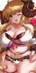 1girl :d absurdres anila_(granblue_fantasy) belly_chain blonde_hair blush breasts cleavage detached_sleeves draph eyebrows_visible_through_hair granblue_fantasy highres hikimayu horns jewelry large_breasts layered_bikini long_hair maou_(maoudaisukiya) navel one_eye_closed open_mouth ribbon sheep_horns simple_background smile solo thigh_ribbon very_long_hair white_background yellow_eyes 