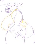  2018 4_fingers alien anthro big_breasts big_butt bikini breasts butt butt_grab chubby_female clothing curvy_figure digital_media_(artwork) eyewear female fingers goggles halo_(series) hand_on_butt hat headgear headwear hi_res huge_breasts huge_butt line_art looking_at_viewer looking_back microsoft monochrome nipple_outline non-mammal_breasts one-piece_swimsuit overweight overweight_anthro overweight_female rear_view sangheili seductive shashe&rsquo;_saramunra signature simple_background slightly_chubby smile solo sun_hat swimwear syrios thick_thighs video_games voluptuous wide_hips xbox_game_studios 