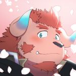  1:1 anthro blue_eyes blush chernobog clothed clothing cute_fangs demon facial_hair hair headshot_portrait hi_res horn looking_at_viewer male panic_exc petals pink_body portrait red_hair simple_background solo tokyo_afterschool_summoners video_games 