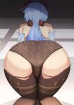  1girl all_fours ass back bare_shoulders black_legwear blue_hair bodystocking brown_legwear detached_sleeves ganyu_(genshin_impact) genshin_impact highres horns houraku long_hair panties pantyhose thighs torn_clothes torn_legwear underwear 