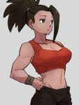  1girl black_hair breasts cleavage collarbone dragon_ball dragon_ball_super earrings grey_background hand_on_hip jewelry kale_(dragon_ball) kemachiku looking_away medium_breasts midriff navel ponytail red_tank_top short_hair simple_background solo tank_top 