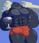  2021 abs alcohol aliasing alien beverage big_muscles blue_eyes bulge clothing cocktail_glass digital_media_(artwork) disney gantu genital_outline grey_body grey_nipples grey_skin grungebeetle holding_glass holding_object lilo_and_stitch male muscular muscular_male nipples pecs penis_outline smile solo speedo standing swimwear thick_thighs 