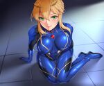  1girl alternate_costume artoria_pendragon_(all) artoria_pendragon_(lancer) bangs blonde_hair blue_bodysuit bodysuit braid breasts covered_navel crown fate/grand_order fate_(series) french_braid green_eyes hair_between_eyes large_breasts matrix16 neon_genesis_evangelion plugsuit sidelocks skin_tight solo swept_bangs 