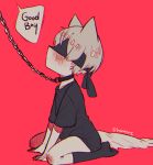  1boy animal_ears artist_name black_blindfold black_legwear blindfold blush chain collar dog_boy dog_ears dog_tail english_text full_body hn_(artist) nier_(series) nier_automata red_background silver_hair simple_background sitting socks solo tail wariza yorha_no._9_type_s 