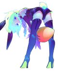  1boy androgynous animal_ears ass blonde_hair bunny_ears bunny_tail carrot earrings full_body gloves green_hair high_heels highres jacket jewelry km_(ksolee1201) lio_fotia looking_at_viewer otoko_no_ko promare short_hair shorts simple_background tail white_background 
