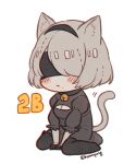  1girl :&lt; animal_ears artist_name black_blindfold black_legwear blindfold breasts cat_ears cat_girl cat_tail character_name cleavage cleavage_cutout clothing_cutout covered_eyes feather-trimmed_sleeves full_body hairband hn_(artist) nier_(series) nier_automata short_hair simple_background sitting solo tail thighhighs wariza white_background yorha_no._2_type_b 