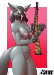  anthro areola breasts butt canid canine clothing female fur gas_mask gloves gun hair handwear hi_res holding_object holding_weapon mammal mask mostly_nude nipples pirin-apex ranged_weapon rifle simple_background solo weapon 