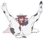  2020 alternate_species blush bovid bovine breasts butt camel_toe cattle clothing female hair hi_res horn human looking_at_viewer mammal mid_transformation open_mouth reimu_hakurei simple_background solo spots spotted_body spread_legs spreading surprise syo_you9 thick_thighs touhou transformation underwear video_games white_background 