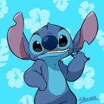  1:1 2021 4_fingers alien black_eyes blue_background blue_body blue_claws blue_fur blue_nose chest_tuft claws digital_drawing_(artwork) digital_media_(artwork) disney experiment_(lilo_and_stitch) fingers flower fur gesture hand_on_hip harara head_tuft hibiscus lilo_and_stitch looking_at_viewer notched_ear plant shaka signature simple_background solo stitch_(lilo_and_stitch) tuft 