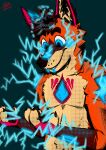  alister_(art) alister_(character) anthro arm_markings blue_background blue_eyes blue_markings brown_body brown_fur brown_hair brown_nose canid canine chest_markings claws dark_eyebrows dark_hair dark_nose dark_pawpads electricity eyebrows facial_markings fox fur glowing glowing_eyes glowing_markings grin hair head_markings hi_res inner_ear_fluff lightning_bolt male mammal markings monotone_background orange_body orange_fur pawpads pink_body pink_ears pink_fur pink_markings raised_eyebrow signature simple_background smile solo sparks static_electricity superpowers teeth tuft whisker_spots white_sclerea 