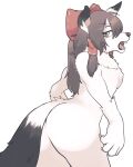  2020 4:5 alternate_species anthro breasts brown_hair butt canid canine dipstick_tail female fox fur green_eyes hair hi_res mammal multicolored_tail nipple_outline nude open_mouth reimu_hakurei simple_background solo syo_you9 touhou video_games white_background white_body white_fur 